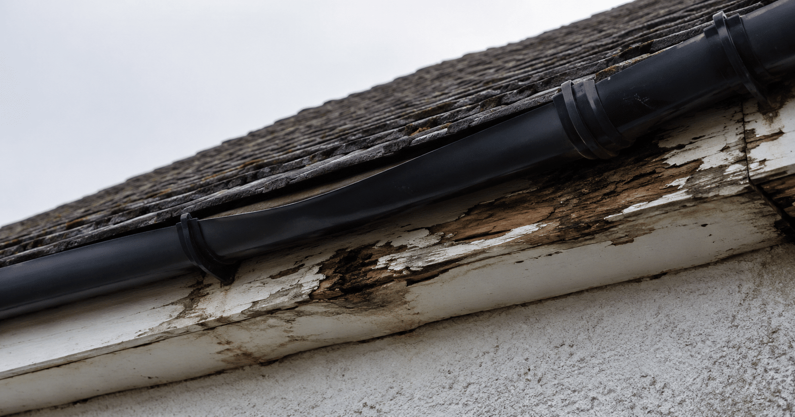 Old timber fascia board with peeling paint and visible rot at a roof eaves