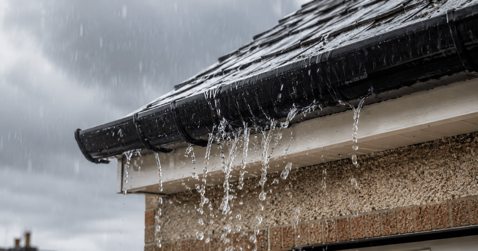 Rainwater running off the gutters of a Dublin home during heavy rain