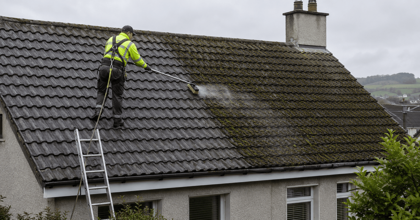 A professional roofer safely removing moss from an Irish roof using the soft wash method