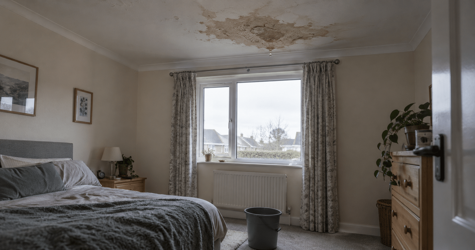 A spreading water stain and drip on a bedroom ceiling in a Dublin home