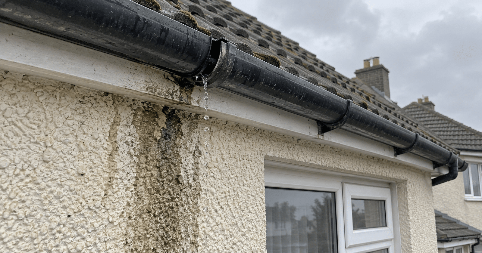 Leaking gutter joint above water-stained render on a Dublin house
