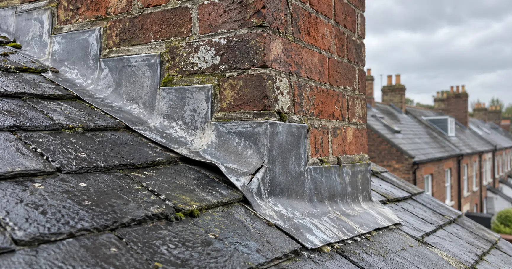 Weathered lead flashing with a lifted edge at the base of a brick chimney on a Dublin slate roof