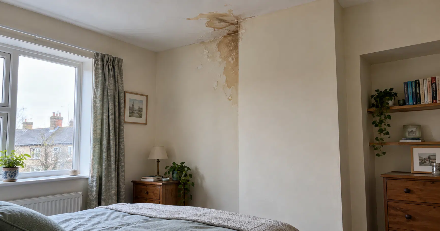 Irregular water staining where a bedroom ceiling meets a chimney breast in a Dublin home